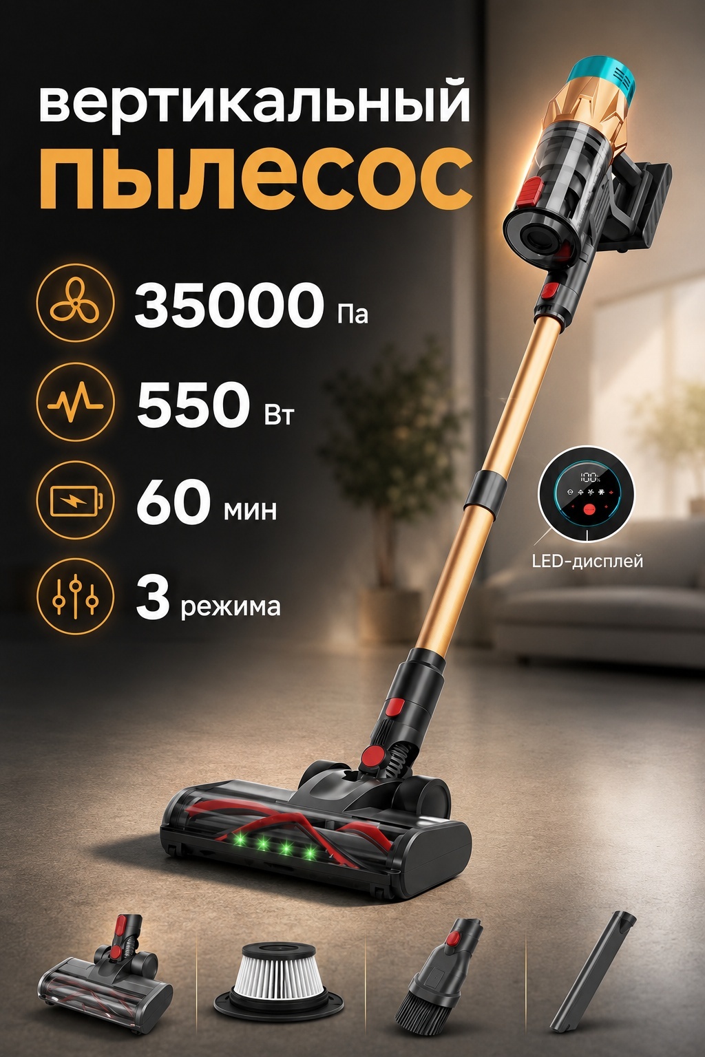 Пылесос LARKO V18 золотистый бирюзовый